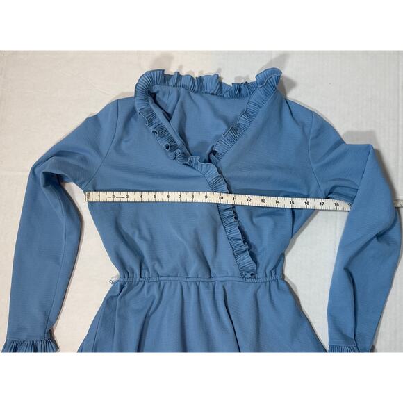 Vintage 70s Blue Retro Secretary Ruffle Dress Small Modest Midi Cottagecore - Picture 8 of 9